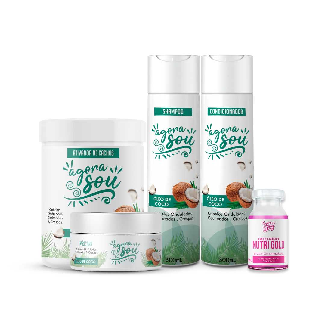 Kit Cachos - Óleo de Coco - Shampoo, Condicionador, Máscara, Ativador e Ampola Mágica