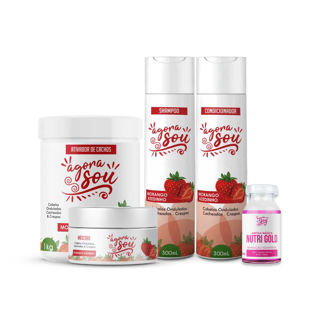 Kit Cachos - Morango Azedinho - Shampoo, Condicionador, Máscara, Ativador e Ampola Mágica